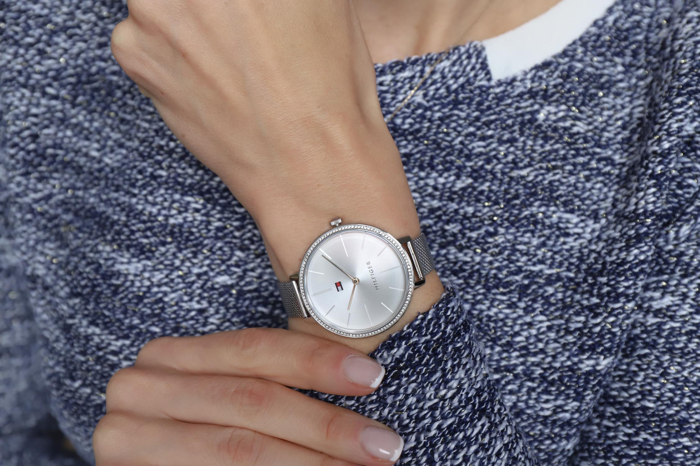 Tommy Hilfiger Angela Silver Dial Cream Leather Strap Watch for Women - 1782123