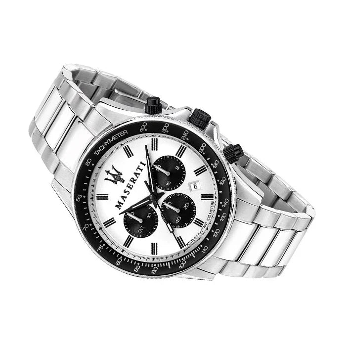 Maserati SFIDA Chronograph White Dial Silver Steel Strap Watch For Men - R8873640003