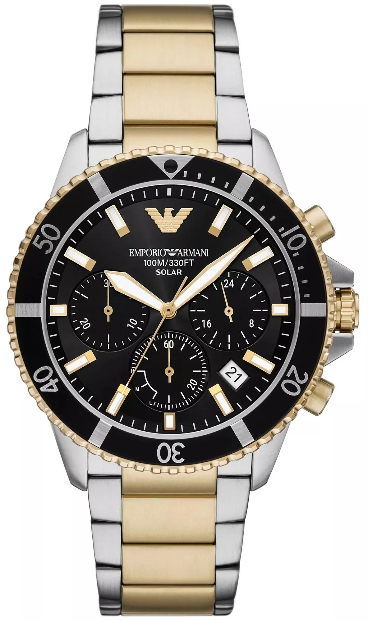 Emporio Armani World Explorer Solar Powered Chronograph Black Dial Two Tone Steel Strap Watch for Men - AR11680
