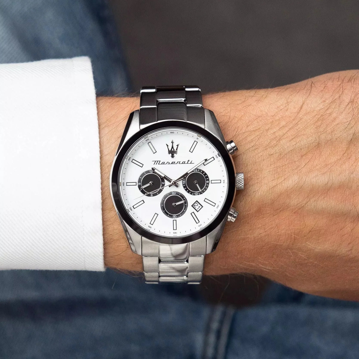Maserati Attrazione Chronograph White Dial Silver Steel Strap Watch for Men - R8853151004
